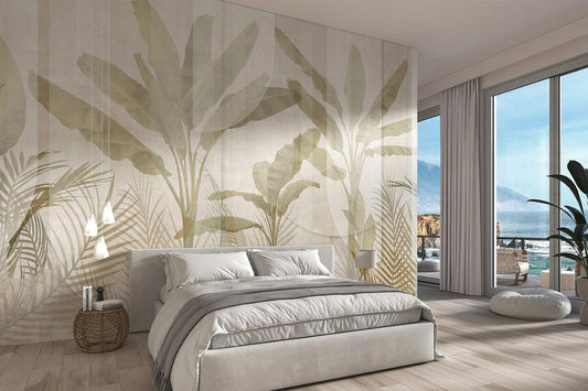 A soft, translucent botanical design featuring large tropical banana leaves and delicate palm fronds in muted beige and green tones. The overlapping foliage and subtle gradient background create an airy, elegant, and calming tropical aesthetic.