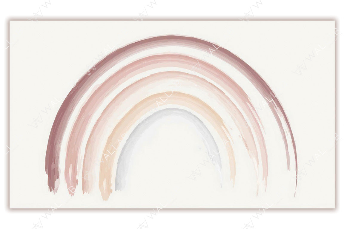 A hand-painted rainbow in soft, muted tones of beige, peach, and pink on a neutral background. The brushstroke texture adds a subtle, organic touch to the simple, elegant design.