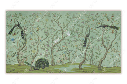 An intricate design featuring peacocks perched on twisting tree branches amidst a lush, floral landscape. The scene is rendered in a soft background, adorned with delicate flowers, butterflies, and small birds, creating a luxurious and ornamental atmosphere. Perfect for traditional or vintage-inspired interior designs.