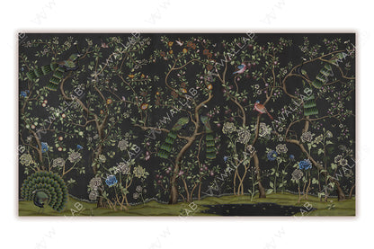 An intricate design featuring peacocks perched on twisting tree branches amidst a lush, floral landscape. The scene is rendered in a soft background, adorned with delicate flowers, butterflies, and small birds, creating a luxurious and ornamental atmosphere. Perfect for traditional or vintage-inspired interior designs.