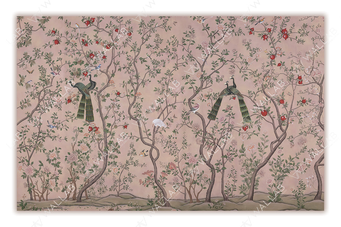 An intricate design featuring peacocks perched on twisting tree branches amidst a lush, floral landscape. The scene is rendered in a soft background, adorned with delicate flowers, butterflies, and small birds, creating a luxurious and ornamental atmosphere. Perfect for traditional or vintage-inspired interior designs.