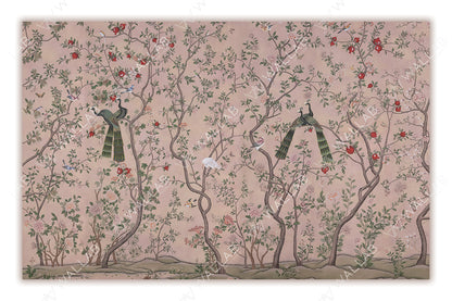 An intricate design featuring peacocks perched on twisting tree branches amidst a lush, floral landscape. The scene is rendered in a soft background, adorned with delicate flowers, butterflies, and small birds, creating a luxurious and ornamental atmosphere. Perfect for traditional or vintage-inspired interior designs.