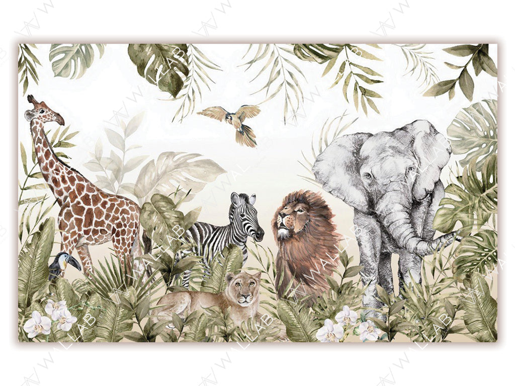 A lively jungle scene with detailed depictions of a giraffe, zebra, lion, lioness, and elephant surrounded by lush tropical foliage. A vibrant bird is in mid-flight above the animals, completing the exotic atmosphere. The greenery and wildlife create a harmonious depiction of the wild.