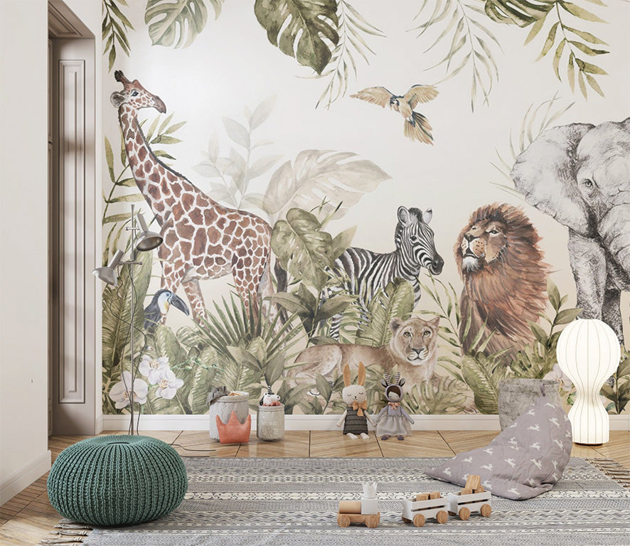 A lively jungle scene with detailed depictions of a giraffe, zebra, lion, lioness, and elephant surrounded by lush tropical foliage. A vibrant bird is in mid-flight above the animals, completing the exotic atmosphere. The greenery and wildlife create a harmonious depiction of the wild.