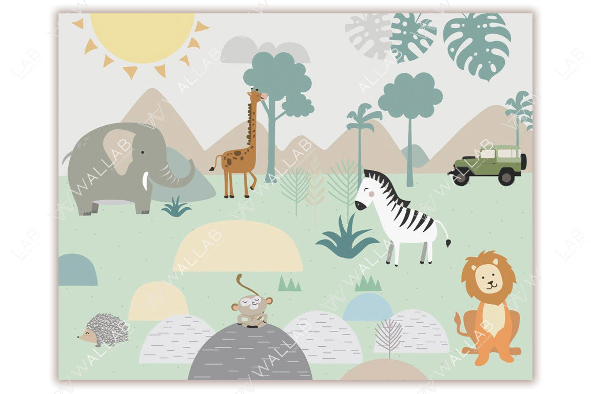 A whimsical safari scene with animals such as an elephant, giraffe, zebra, lion, hedgehog, and monkey, surrounded by trees and hills. A green safari jeep is parked in the background under a bright sun, creating a cheerful atmosphere. The pastel color palette and simple shapes add a childlike charm to the design.