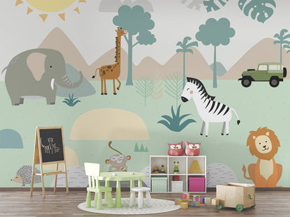 A whimsical safari scene with animals such as an elephant, giraffe, zebra, lion, hedgehog, and monkey, surrounded by trees and hills. A green safari jeep is parked in the background under a bright sun, creating a cheerful atmosphere. The pastel color palette and simple shapes add a childlike charm to the design.