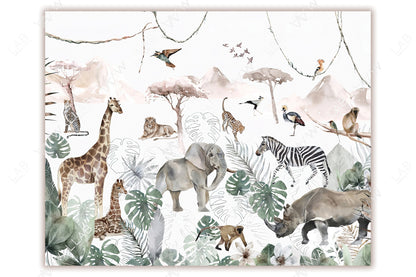 A vibrant illustration portrays a lively African savanna scene, featuring animals like giraffes, zebras, elephants, lions, and rhinos surrounded by lush greenery and tropical foliage. Birds perch on branches and fly overhead, while the soft, earthy tones evoke a serene natural habitat. The background is subtly accented with distant mountains and sparse acacia trees.