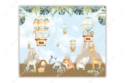 This charming illustration shows adorable jungle animals, including giraffes, elephants, a lion, a zebra, a rhinoceros, and a tiger, gathered on grassy terrain beneath a clear blue sky. Hot air balloons carrying animals float gracefully above the scene, framed by lush green leaves at the top. The playful and imaginative composition exudes a whimsical, adventurous tone perfect for a children's theme.