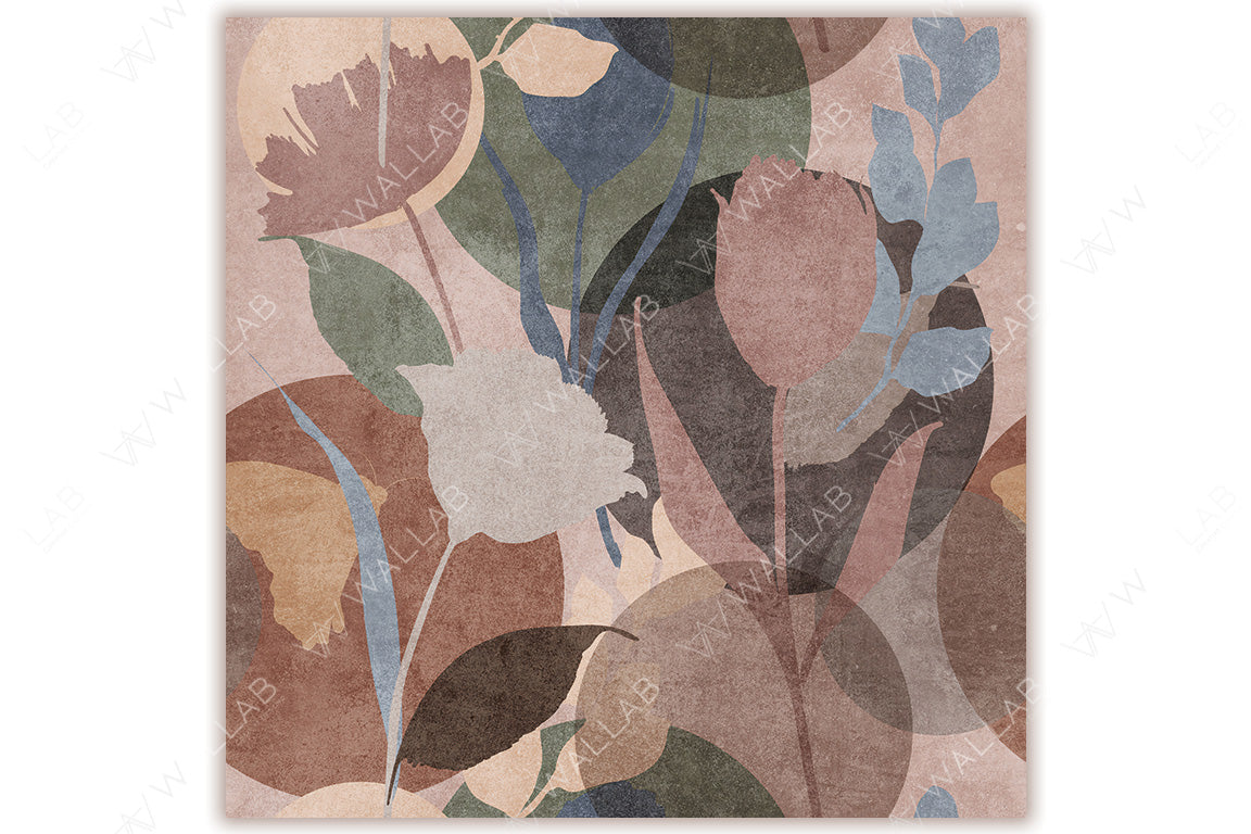 An abstract botanical design featuring overlapping leaves and flowers in a muted, earthy color palette of terracotta, sage green, dusty blue, and beige. The soft, textured aesthetic adds depth and warmth.