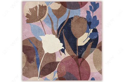 An abstract botanical design featuring overlapping leaves and flowers in a muted, earthy color palette of terracotta, sage green, dusty blue, and beige. The soft, textured aesthetic adds depth and warmth.