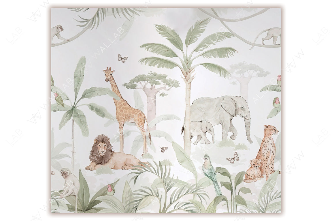 a serene jungle scene with watercolor-style illustrations of various animals, including a lion, giraffe, elephant with a calf, cheetah with cubs, and playful monkeys in trees. The backdrop includes lush greenery, palm trees, and baobab trees, with colorful birds, butterflies, and tropical leaves adding vibrancy. The soft, pastel tones create a calming and whimsical atmosphere, perfect for children's decor