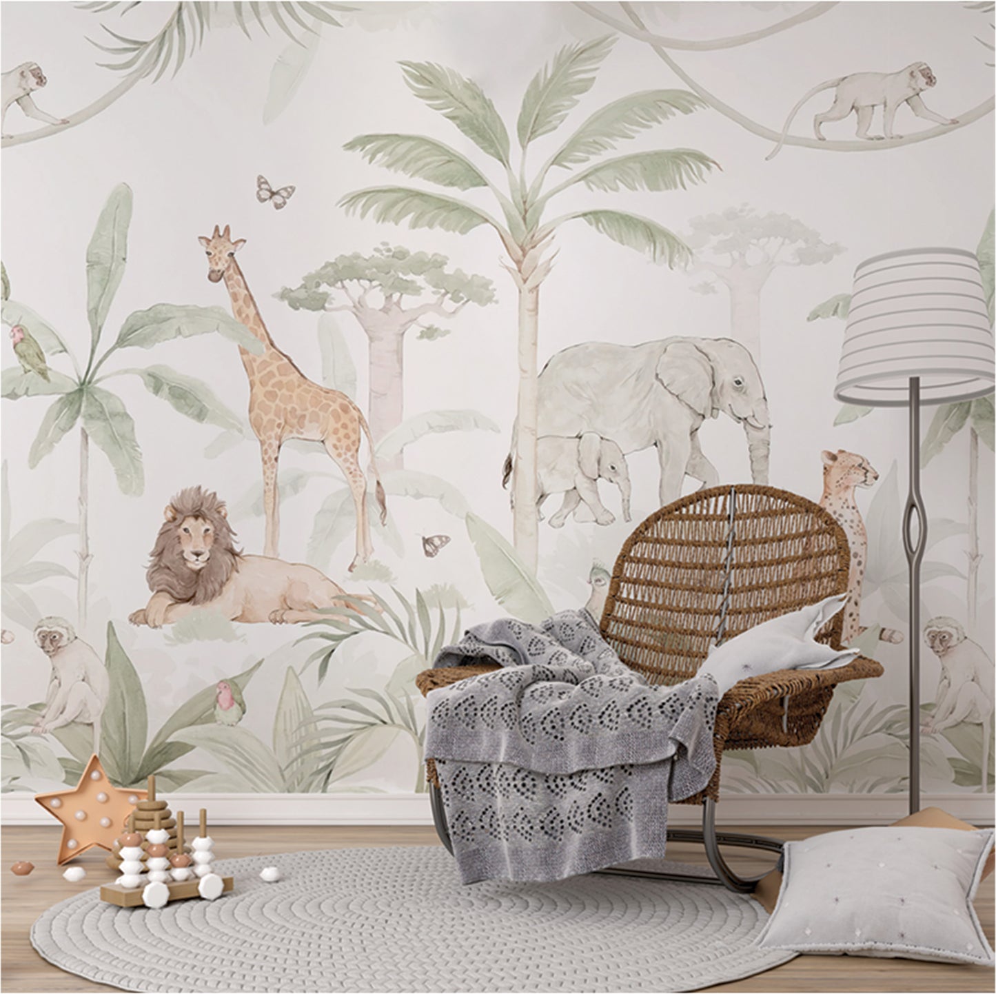 A serene jungle scene with watercolor-style illustrations of various animals, including a lion, giraffe, elephant with a calf, cheetah with cubs, and playful monkeys in trees. The backdrop includes lush greenery, palm trees, and baobab trees, with colorful birds, butterflies, and tropical leaves adding vibrancy. The soft, pastel tones create a calming and whimsical atmosphere, perfect for children's decor