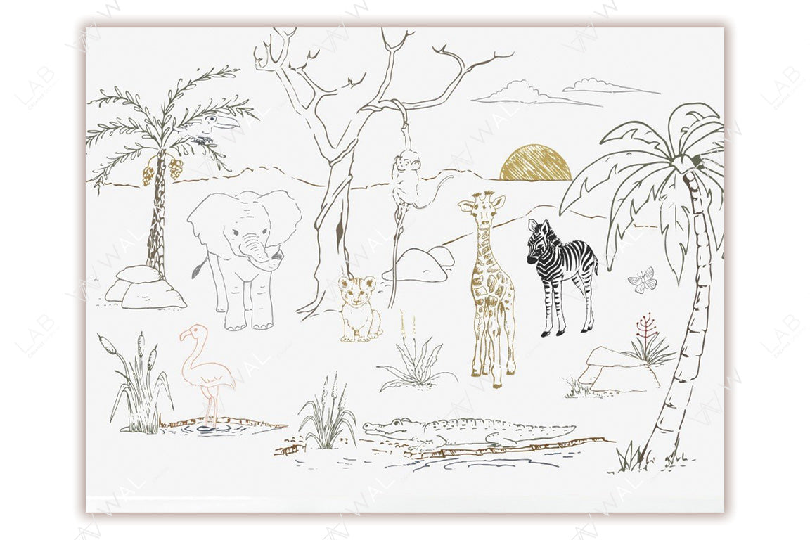 This minimalist illustration portrays a serene savanna landscape featuring an elephant, a giraffe, a zebra, and a lion cub among scattered palm trees and dry vegetation. A flamingo wades in water near a crocodile, and a monkey swings from a tree branch. The sun sets in the background, casting a warm glow over the simple, hand-drawn scene.