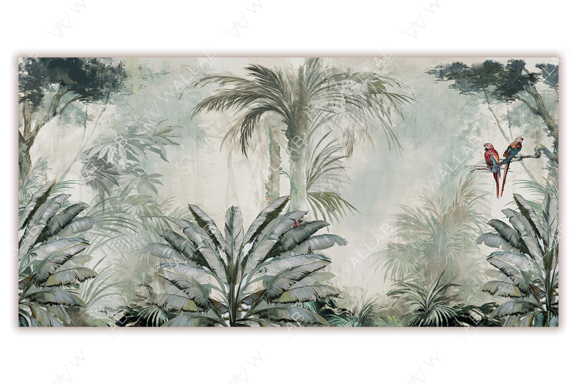 A lush tropical mural featuring dense green foliage, tall palm trees, and two vibrant red parrots perched on a branch. The muted background and detailed greenery create a serene jungle-like atmosphere, evoking a sense of calm and exotic beauty.