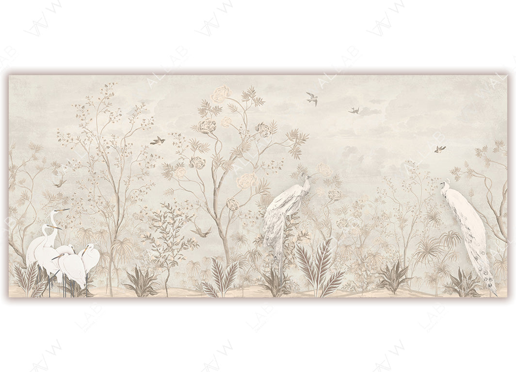 A tranquil wallpaper featuring an ethereal landscape , depicting elegant white peacocks, delicate flowering trees, and graceful herons standing amid foliage. Small birds and gentle clouds enhance the serene, nature-inspired scene.