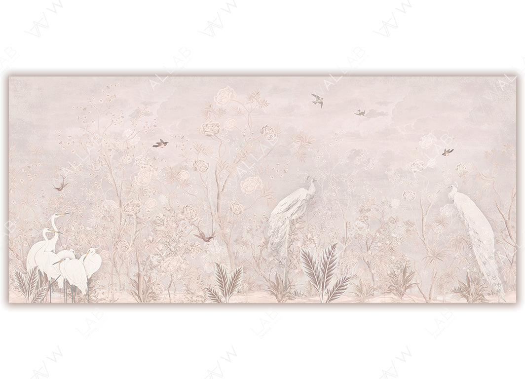 A tranquil wallpaper featuring an ethereal landscape , depicting elegant white peacocks, delicate flowering trees, and graceful herons standing amid foliage. Small birds and gentle clouds enhance the serene, nature-inspired scene.