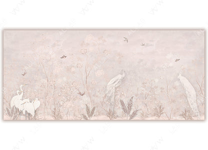 A tranquil wallpaper featuring an ethereal landscape , depicting elegant white peacocks, delicate flowering trees, and graceful herons standing amid foliage. Small birds and gentle clouds enhance the serene, nature-inspired scene.