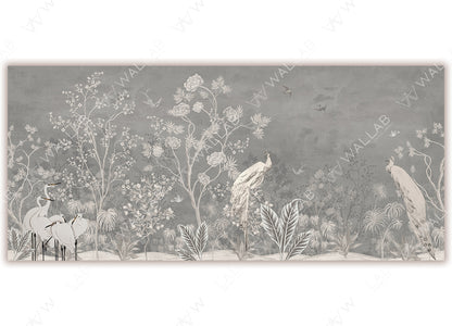 A tranquil wallpaper featuring an ethereal landscape , depicting elegant white peacocks, delicate flowering trees, and graceful herons standing amid foliage. Small birds and gentle clouds enhance the serene, nature-inspired scene.