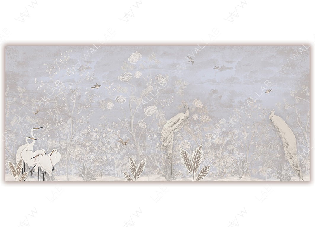 A tranquil wallpaper featuring an ethereal landscape , depicting elegant white peacocks, delicate flowering trees, and graceful herons standing amid foliage. Small birds and gentle clouds enhance the serene, nature-inspired scene.