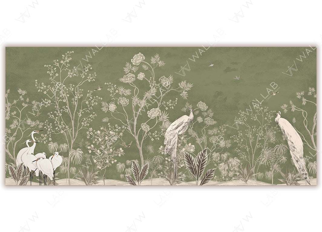 A tranquil wallpaper featuring an ethereal landscape , depicting elegant white peacocks, delicate flowering trees, and graceful herons standing amid foliage. Small birds and gentle clouds enhance the serene, nature-inspired scene.