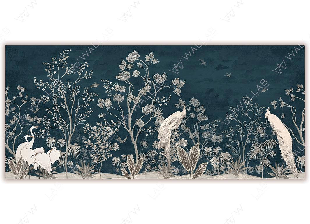 A tranquil wallpaper featuring an ethereal landscape , depicting elegant white peacocks, delicate flowering trees, and graceful herons standing amid foliage. Small birds and gentle clouds enhance the serene, nature-inspired scene.