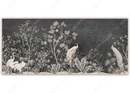 A tranquil wallpaper featuring an ethereal landscape , depicting elegant white peacocks, delicate flowering trees, and graceful herons standing amid foliage. Small birds and gentle clouds enhance the serene, nature-inspired scene.