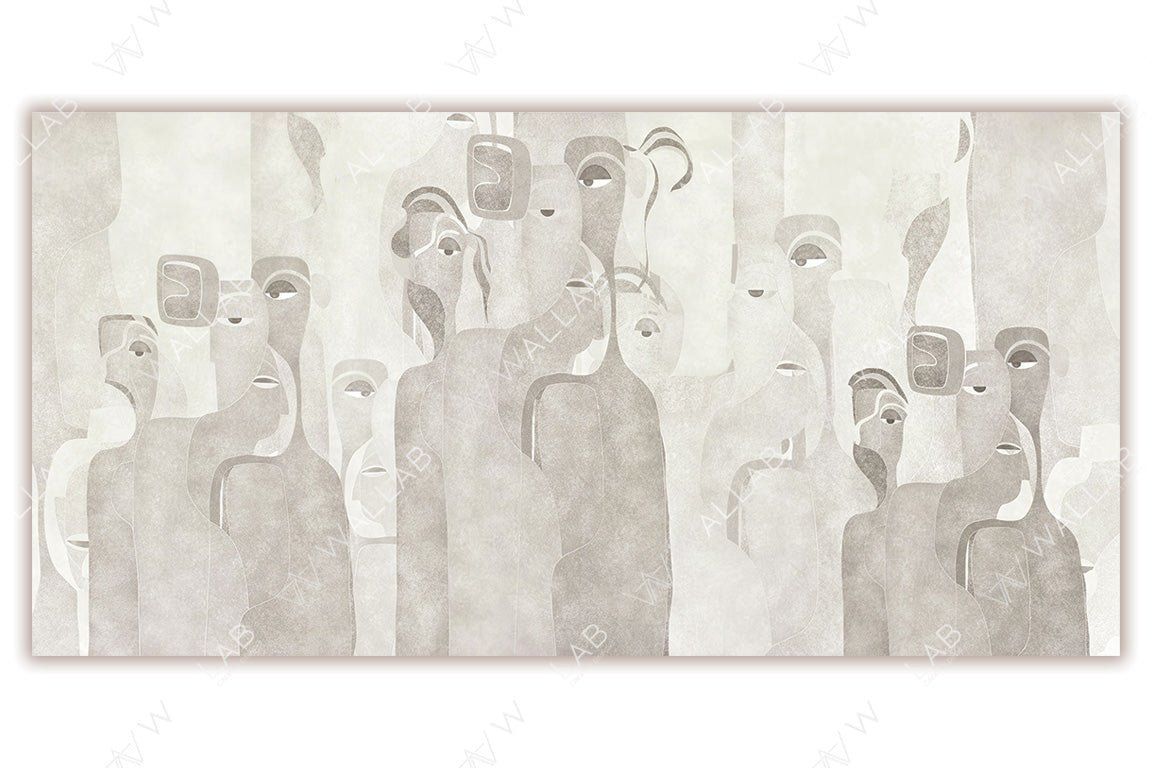 An abstract depiction of overlapping human-like forms in soft, muted tones . The figures blend seamlessly, with subtle eyes and facial features creating a sense of unity and intrigue. The minimalist palette and flowing design evoke a calm and sophisticated aesthetic.