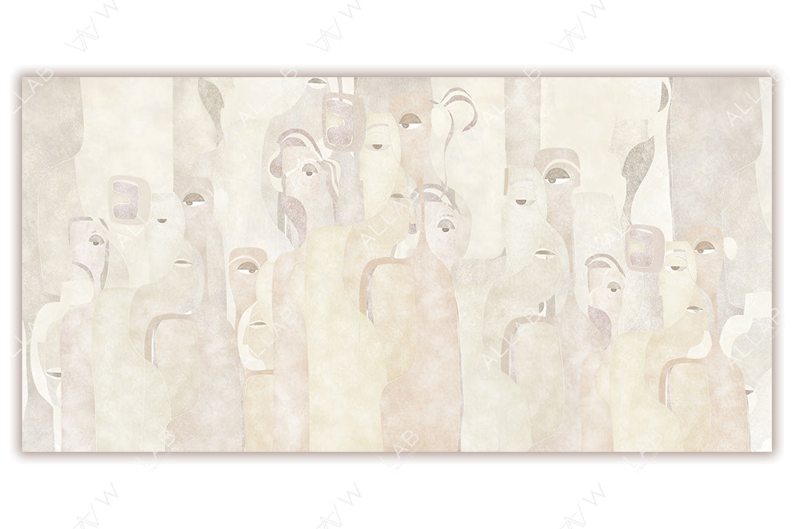 An abstract depiction of overlapping human-like forms in soft, muted tones . The figures blend seamlessly, with subtle eyes and facial features creating a sense of unity and intrigue. The minimalist palette and flowing design evoke a calm and sophisticated aesthetic.