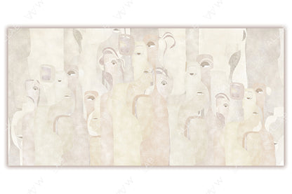 An abstract depiction of overlapping human-like forms in soft, muted tones . The figures blend seamlessly, with subtle eyes and facial features creating a sense of unity and intrigue. The minimalist palette and flowing design evoke a calm and sophisticated aesthetic.