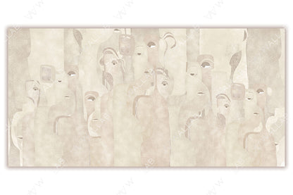 An abstract depiction of overlapping human-like forms in soft, muted tones . The figures blend seamlessly, with subtle eyes and facial features creating a sense of unity and intrigue. The minimalist palette and flowing design evoke a calm and sophisticated aesthetic.