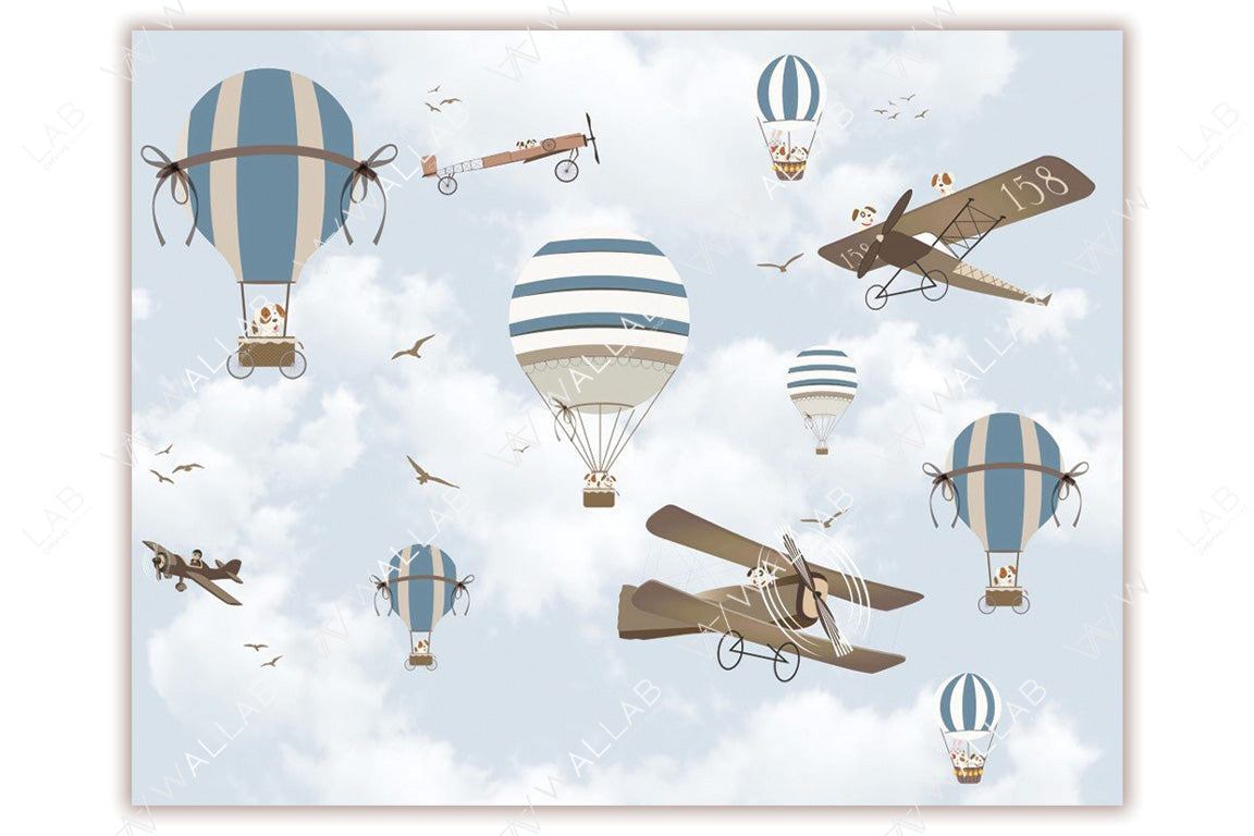 A charming sky scene with vintage airplanes and striped hot air balloons floating among soft clouds. Each aircraft and balloon is piloted by playful cartoon dogs, adding a whimsical and lighthearted touch. The muted blue and beige tones enhance the tranquil, nostalgic feel of this playful design, perfect for a child's room or aviation-themed decor.