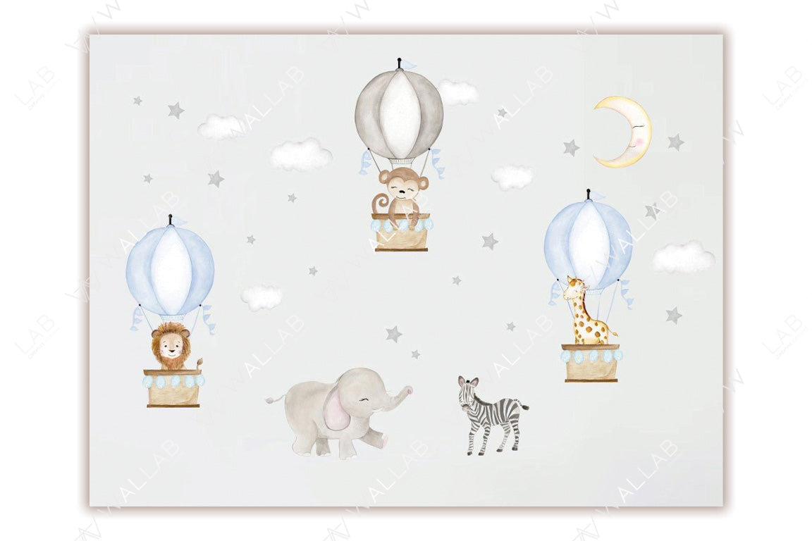 a whimsical scene with baby animals, including a lion, monkey, and giraffe, riding in hot air balloons decorated with soft blue accents. Below them, an elephant and zebra stand on the ground amidst a dreamy backdrop of clouds, stars, and a crescent moon, creating a playful and serene nursery-style illustration.