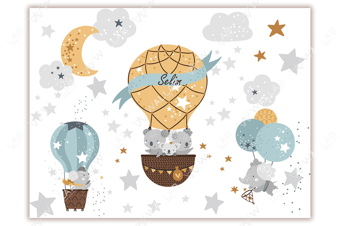 This whimsical illustration features playful koalas in hot air balloons amidst a dreamy night sky filled with stars, clouds, and a crescent moon. The central balloon bears the name "Selim" on a ribbon, adding a personal touch to the enchanting scene. Perfect for a nursery or children's decor.