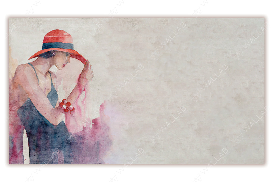 An elegant watercolor illustration of a woman wearing a red hat with a navy band, set against a soft, textured beige background. Her pose, with a downward gaze and one hand adjusting her hat, exudes grace and sophistication. The blending of warm pinks, reds, and muted blues creates a dreamy, delicate aesthetic, perfect for refined and artistic decor.