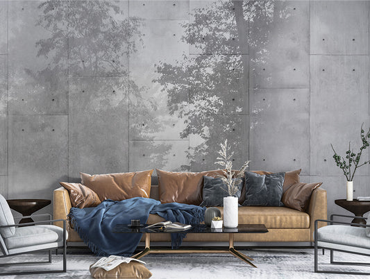 A modern wallpaper mural featuring a combination of a concrete panel texture and a misty forest overlay. The muted tones and industrial-meets-nature aesthetic create a sleek and contemporary vibe, ideal for urban-inspired interior designs.