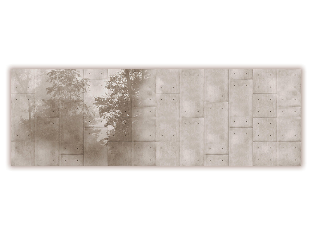 A modern wallpaper mural featuring a combination of a concrete panel texture and a misty forest overlay. The muted tones and industrial-meets-nature aesthetic create a sleek and contemporary vibe, ideal for urban-inspired interior designs.