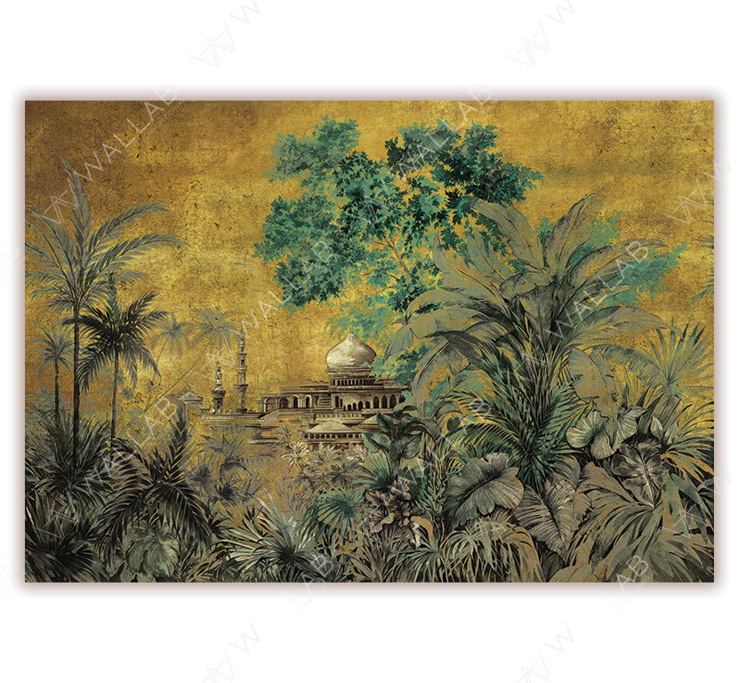 A richly detailed wallpaper depicting a lush tropical scene with dense greenery and palm trees. A majestic building with domed rooftops and intricate architecture peeks through the foliage, evoking an exotic and historical atmosphere.