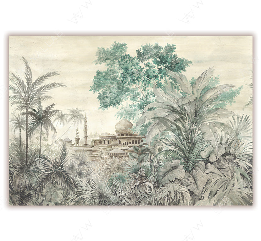 A richly detailed wallpaper depicting a lush tropical scene with dense greenery and palm trees. A majestic building with domed rooftops and intricate architecture peeks through the foliage, evoking an exotic and historical atmosphere.