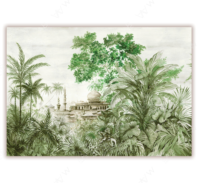 A richly detailed wallpaper depicting a lush tropical scene with dense greenery and palm trees. A majestic building with domed rooftops and intricate architecture peeks through the foliage, evoking an exotic and historical atmosphere.