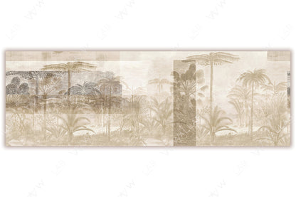 Etched-style tropical landscape with palm trees, foliage, and distant water reflections. The design uses soft beige tones and layered textures to evoke a vintage and serene atmosphere, resembling an antique botanical illustration.