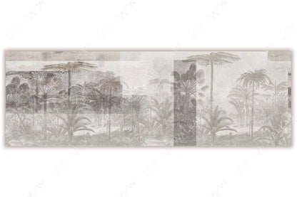 Etched-style tropical landscape with palm trees, foliage, and distant water reflections. The design uses soft beige tones and layered textures to evoke a vintage and serene atmosphere, resembling an antique botanical illustration.