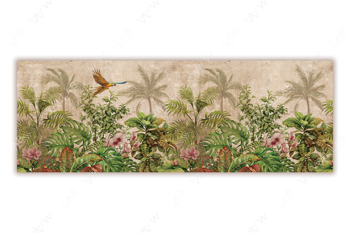 A vibrant tropical mural featuring lush green foliage, blooming flowers, and towering palm trees set against a textured, beige background. A colorful parrot soars across the scene, adding a lively and exotic touch to the lush jungle atmosphere.