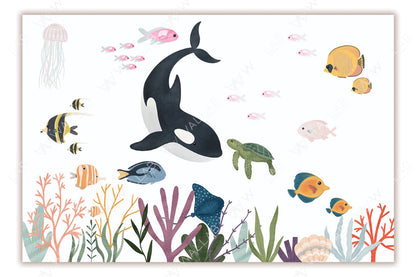 This colorful underwater illustration features a diverse array of marine life, including a playful orca, a sea turtle, various tropical fish, and vibrant coral reefs. A jellyfish and schools of pink fish add dynamic movement to the tranquil background. The scene showcases the beauty of marine biodiversity.