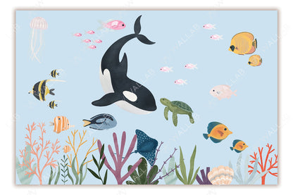 This colorful underwater illustration features a diverse array of marine life, including a playful orca, a sea turtle, various tropical fish, and vibrant coral reefs. A jellyfish and schools of pink fish add dynamic movement to the tranquil background. The scene showcases the beauty of marine biodiversity.