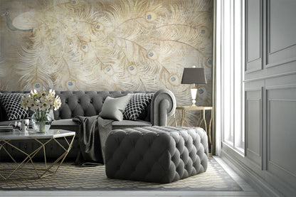 An ethereal depiction of a peacock with an elaborate display of flowing feathers in soft, golden tones. Each feather is intricately detailed with shimmering eye spots in hues of blue and gold, blending seamlessly into the textured, luminous background. The design exudes elegance and luxury, perfect for refined and sophisticated spaces.