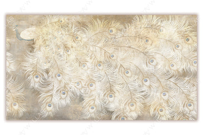 An ethereal depiction of a peacock with an elaborate display of flowing feathers in soft, golden tones. Each feather is intricately detailed with shimmering eye spots in hues of blue and gold, blending seamlessly into the textured, luminous background. The design exudes elegance and luxury, perfect for refined and sophisticated spaces.