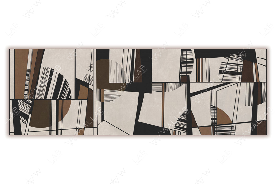 An abstract composition of geometric shapes and lines in earthy tones like brown, beige, and black. Large circles intersect with sharp lines and rectangles, creating a layered, modern art aesthetic. The design is balanced and visually dynamic, emphasizing contrast and structure.