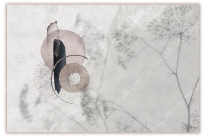 An abstract design with layered shapes in muted tones such as beige, dusty pink, and charcoal. It features a mix of organic circles, textured brushstrokes, and dotted patterns, set against a soft background with subtle botanical silhouettes. The overall composition exudes a modern and minimalist aesthetic.