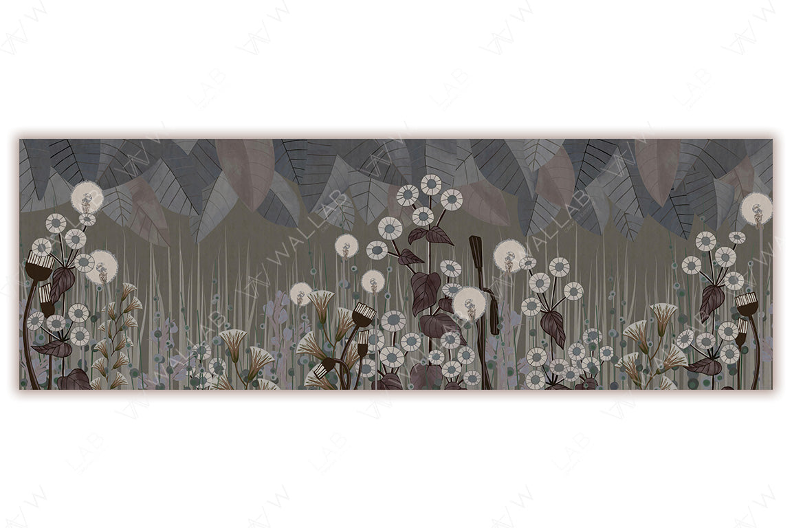 A whimsical botanical illustration featuring dandelion-like flowers, tall grasses, and large overlapping leaves in muted earthy tones of gray, green, and brown. The stylized design creates a calming and artistic meadow-inspired scene with a modern touch.