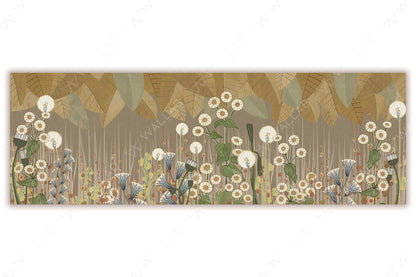 A whimsical botanical illustration featuring dandelion-like flowers, tall grasses, and large overlapping leaves in muted earthy tones of Beige, green, and brown. The stylized design creates a calming and artistic meadow-inspired scene with a modern touch.